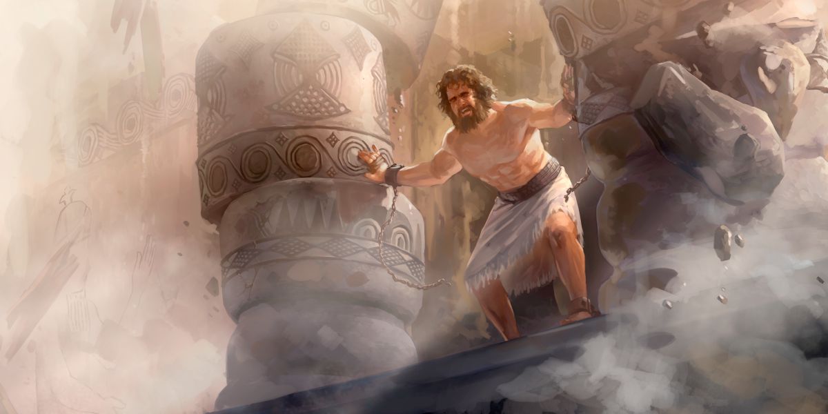 Samson pushes the pillars at Dagon’s temple and the building collapses