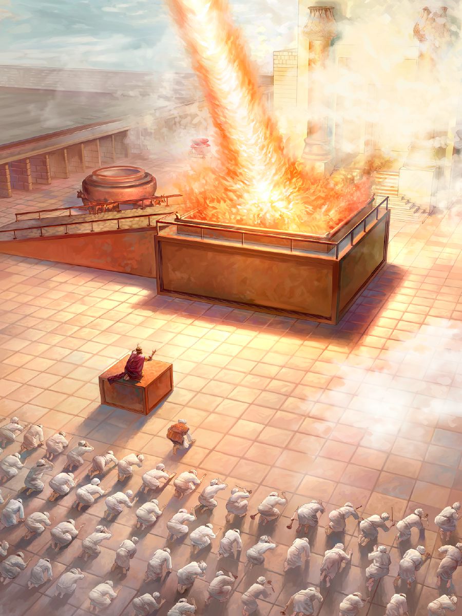 Fire from Jehovah consumes the offering on the altar