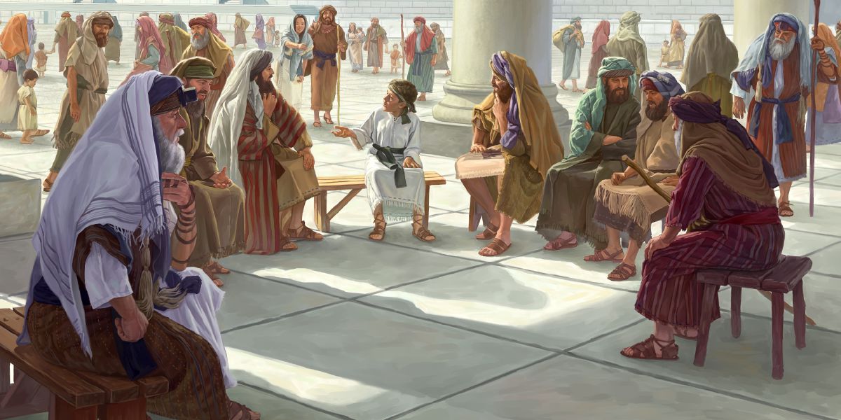 Twelve-year-old Jesus sits in the midst of the teachers at the temple