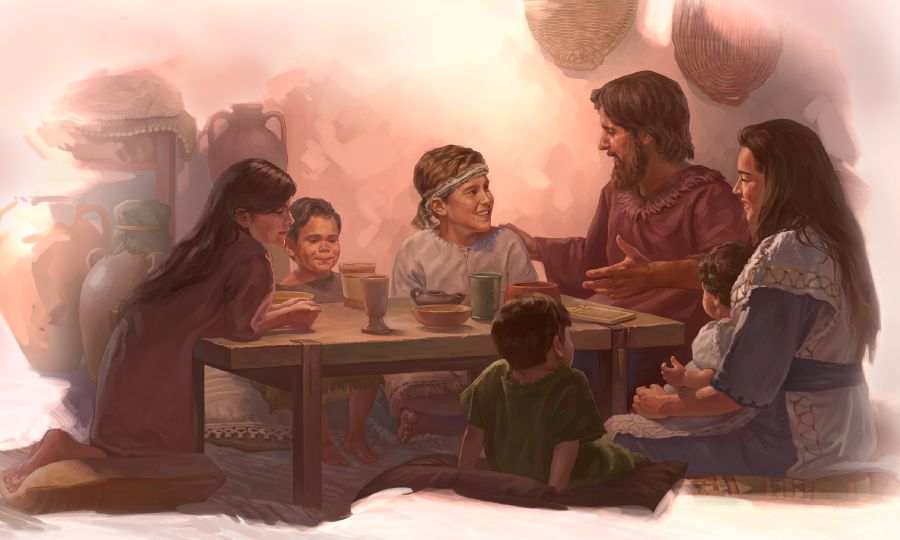 Joseph and Mary sit at a table with Jesus and some of his brothers and sisters