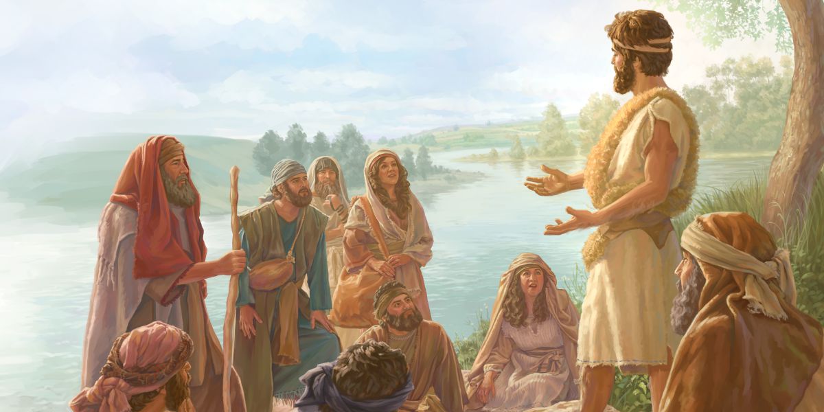 John the Baptist teaches people on the banks of the Jordan River