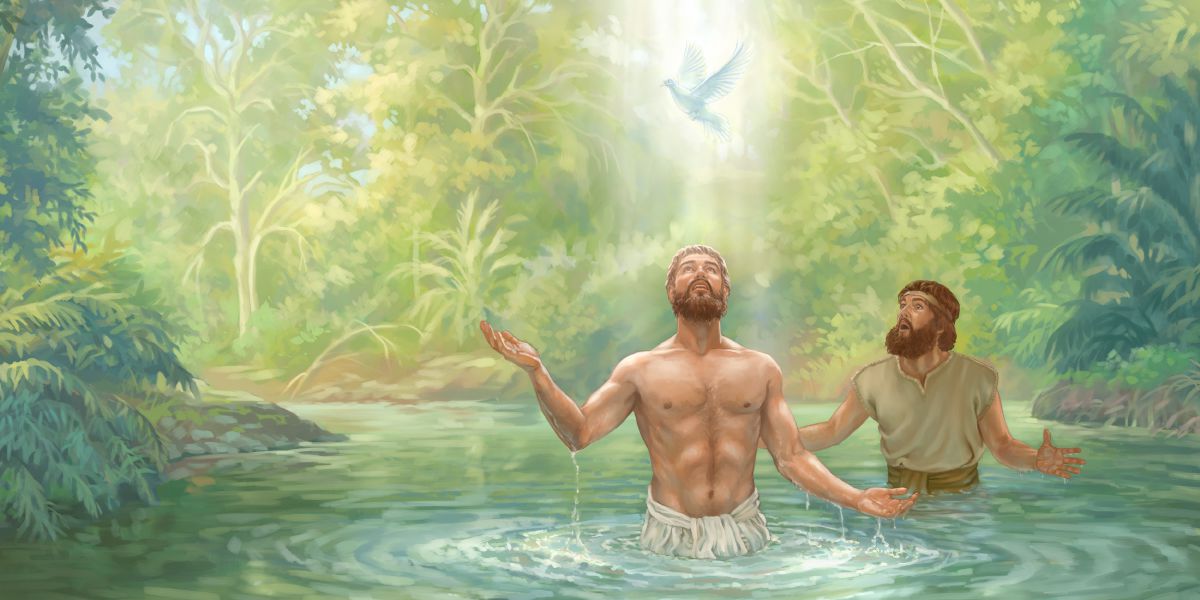 After Jesus is baptized by John, God’s spirit comes down on him like a dove