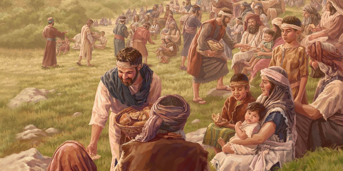 The apostles distribute food to a large crowd