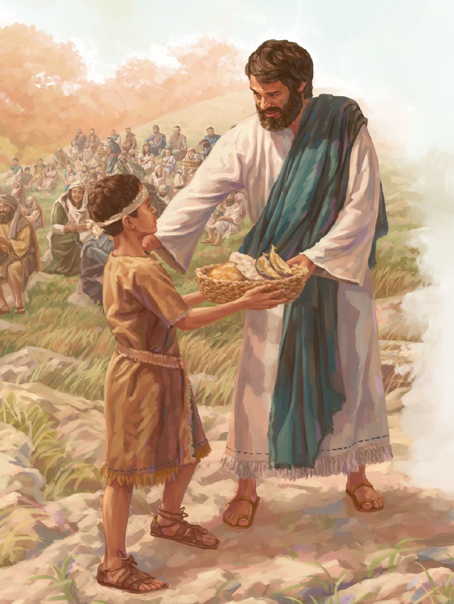 A boy gives Jesus a basket of bread and fish