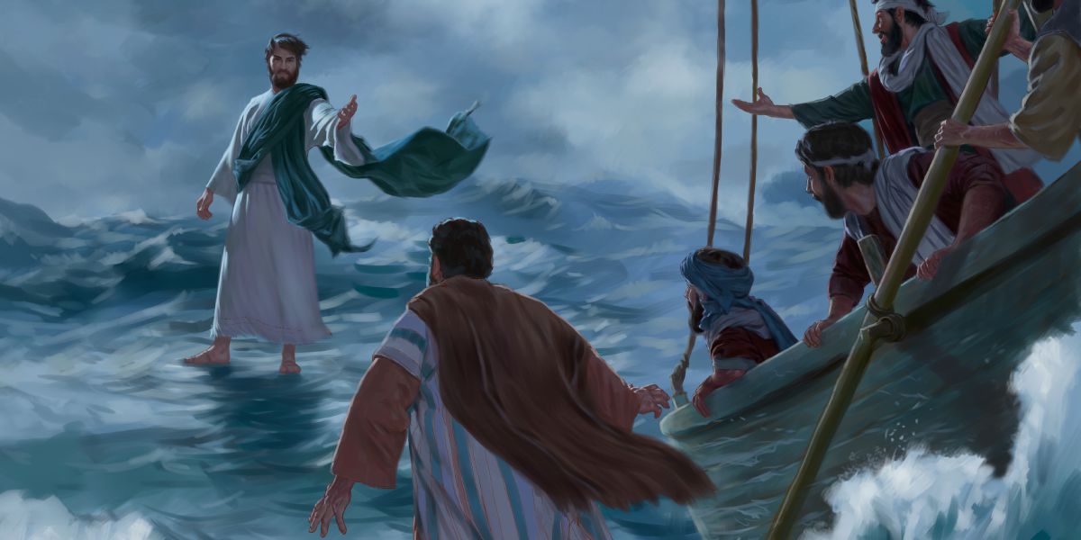 Jesus walks on water and tells Peter to come toward him