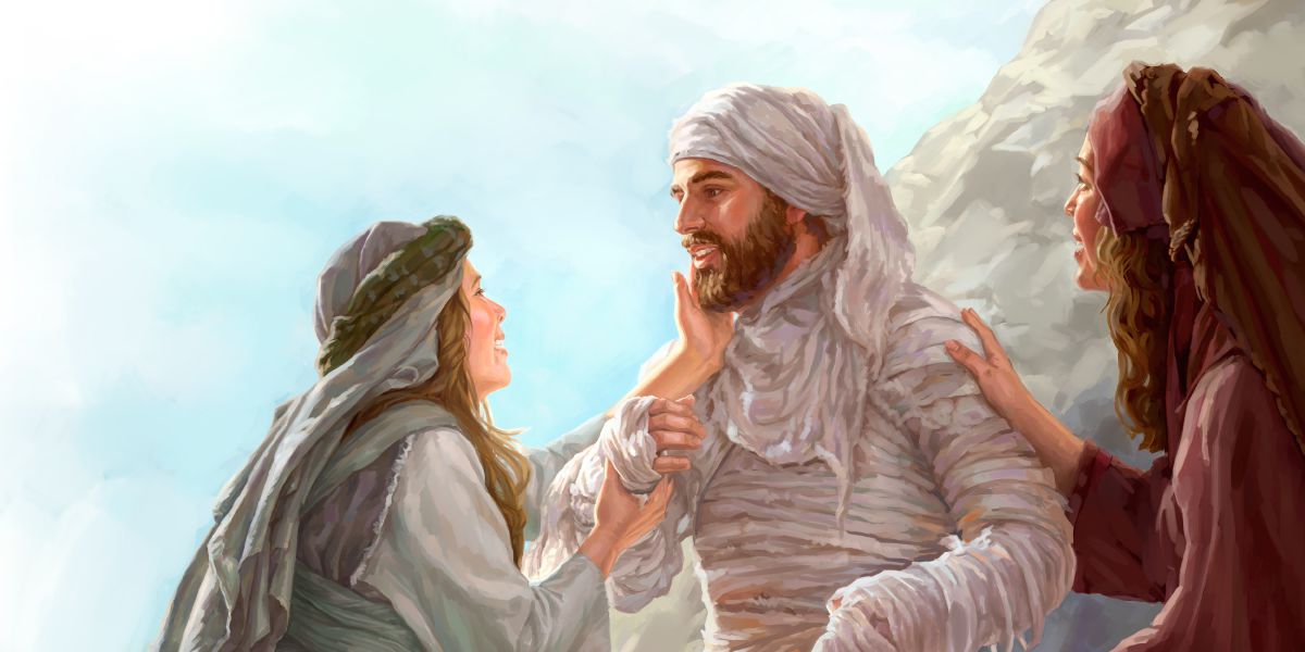 The resurrected Lazarus and his sisters, Mary and Martha