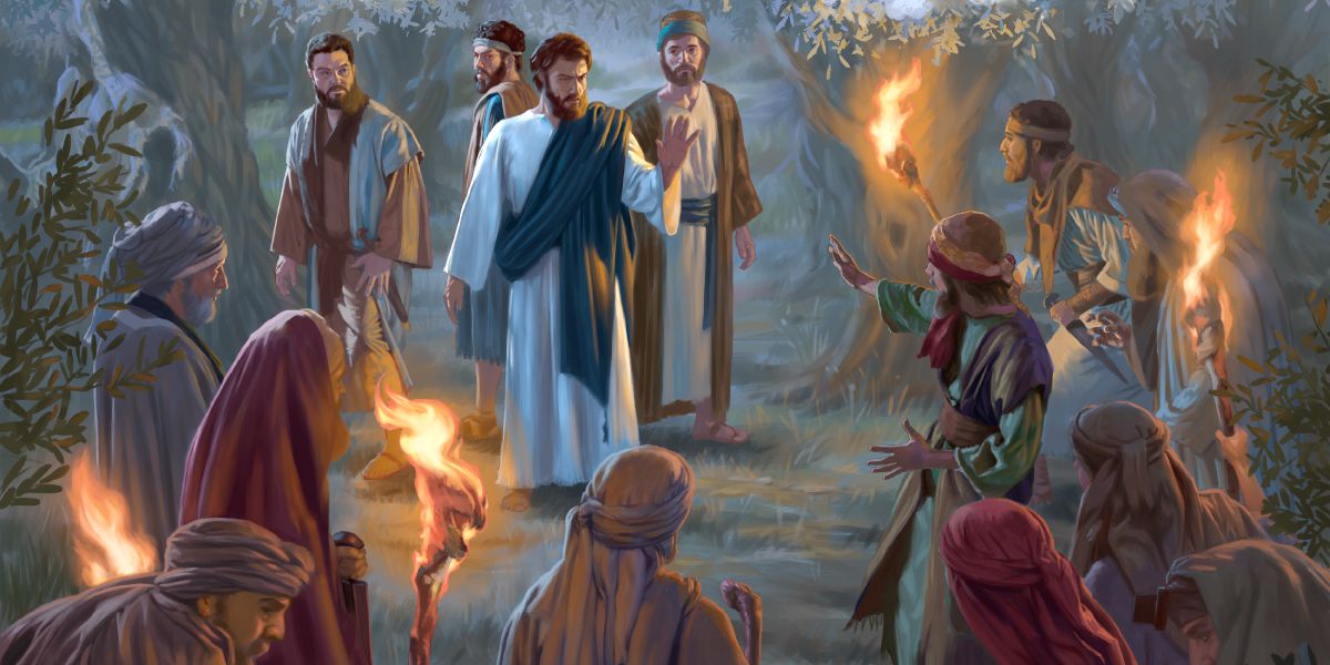 Judas betrays Jesus in the garden of Gethsemane