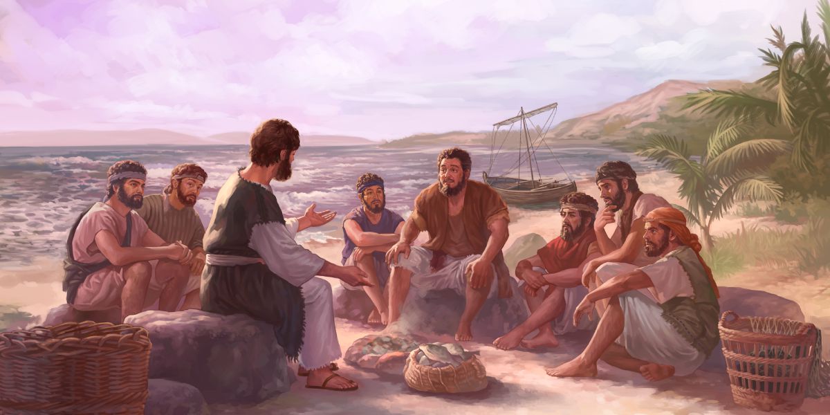 Jesus talks to his disciples while fish cook over a fire