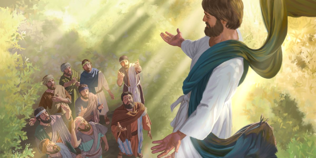 Jesus ascends into the sky as his apostles look on