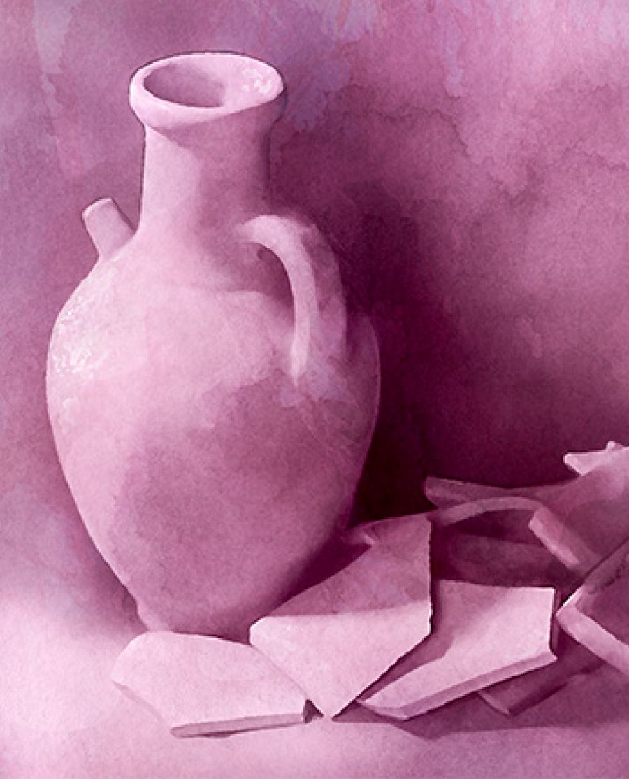 Broken pieces of clay beside a clay pot