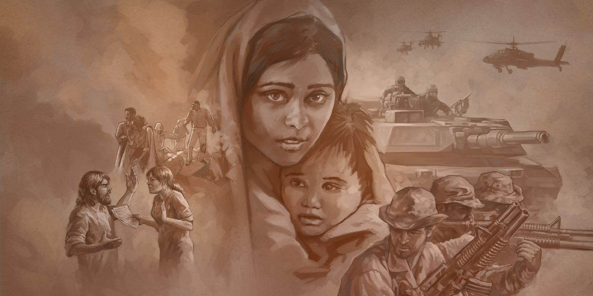A woman clutches her young child during a war