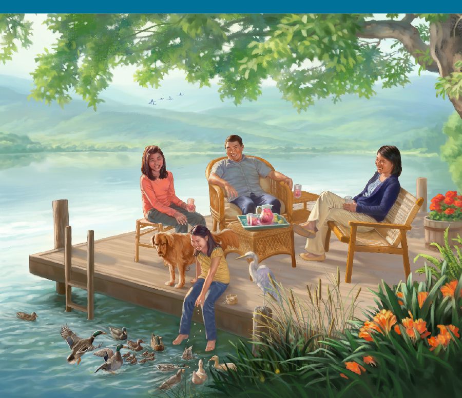 A family relaxing on a dock by a lake in an earthly paradise.