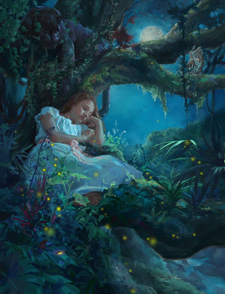 A girl peacefully sleeping under a tree in a forest at nighttime. A panther is resting above her in the tree.