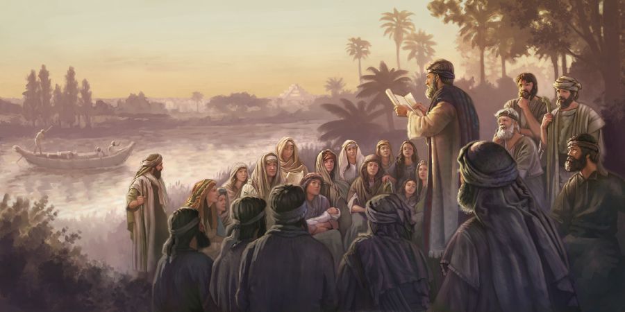 Jewish men, women, and children listening to the reading of a scroll by a river. The city of Babylon is in the background.