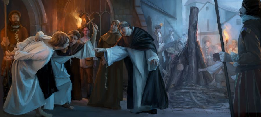 Members of the clergy preparing to burn a genuine Christian at the stake during the dark centuries of Christendom’s dominance.