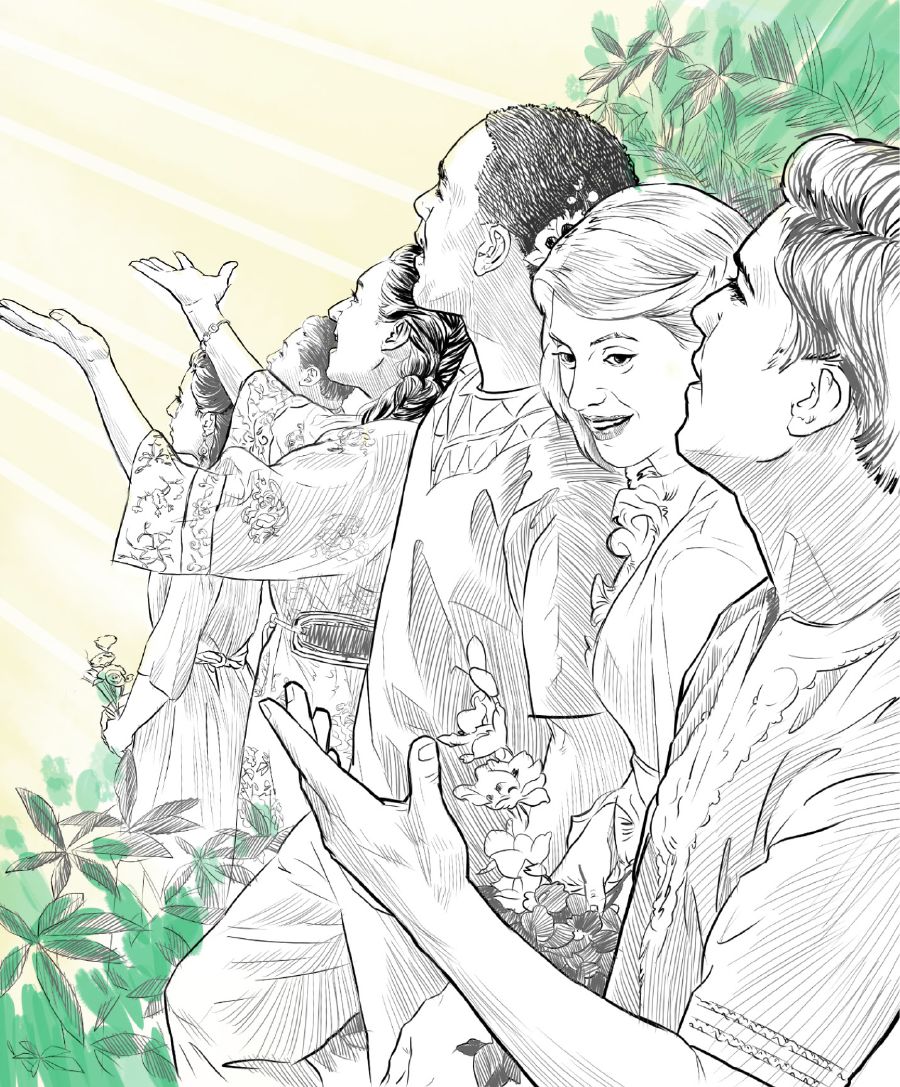 Perfect humans in Paradise praising Jehovah.