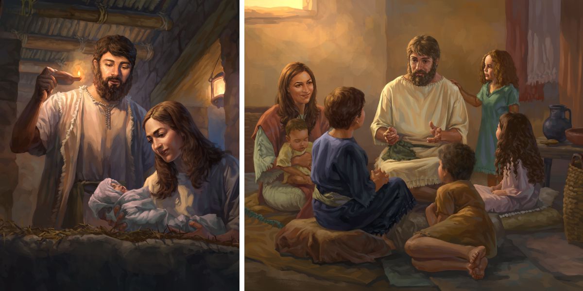 Joseph and Mary with baby Jesus; Joseph and Mary teaching Jesus and their other children