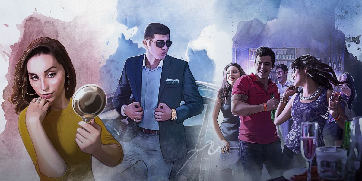 A woman loves herself excessively; a man loves material things; pleasure-seekers at a wild party