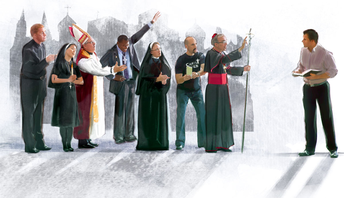 A group of the clergy berate a brother who is holding a Bible