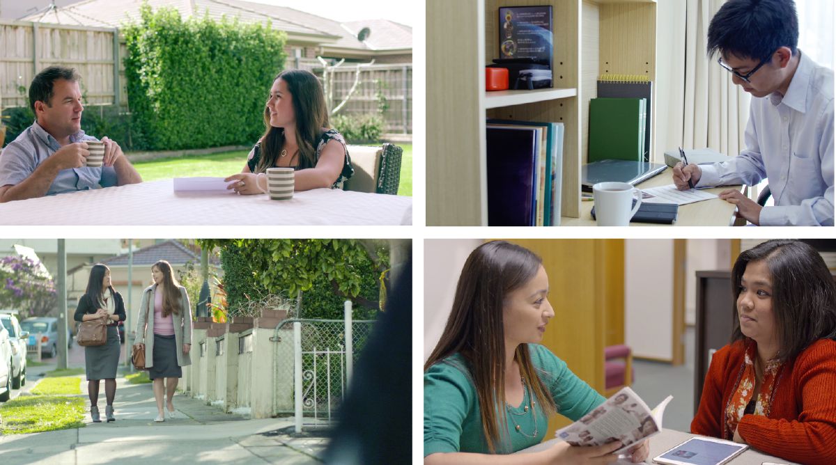 A young sister talks to her father about pioneering; a young pioneer brother writes out a schedule for himself; a young pioneer sister works with another sister in the field service; a young pioneer sister conducts a Bible study