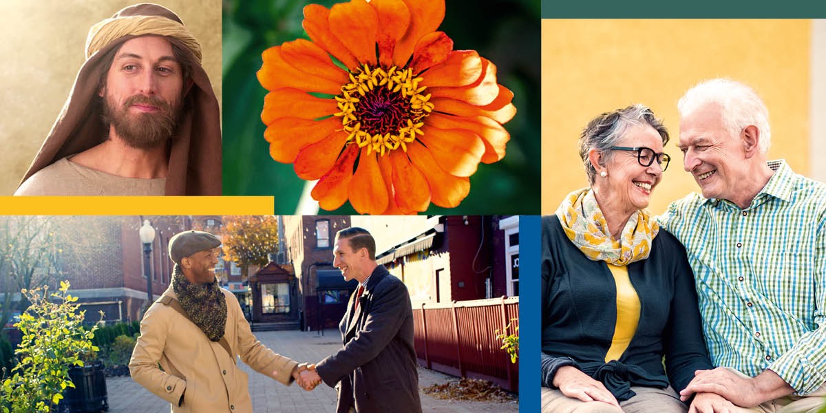 Collage: 1. The priest Ezra. 2. A flower. 3. Two of Jehovah’s Witnesses from different backgrounds preaching together. They are smiling and shaking hands. 4. A happy elderly couple holding hands and smiling at each other.