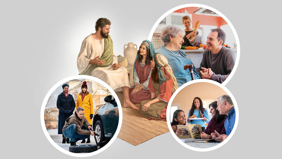 Jesus sitting down while teaching. Martha and Mary sit at his feet and listen to him. Collage: 1. A couple visit an infirm older sister at her home. The husband speaks with her as his wife puts away groceries. 2. A couple enjoy family worship with a sister and her young daughter. 3. A brother helps two sisters by changing a tire on their car.