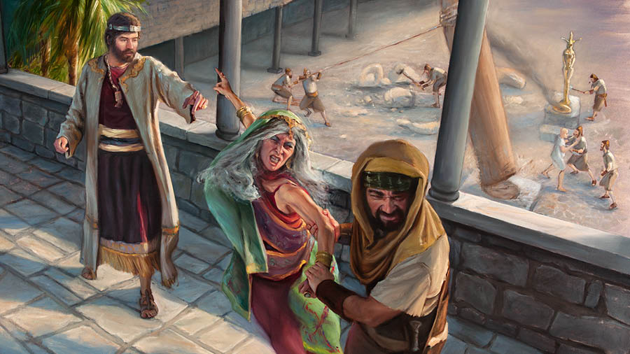 King Asa ordering the removal of Maacah, his grandmother, from her position as queen mother. A guard grabs her by the arm as she resists. In the background, Asa’s loyal supporters destroy idols.