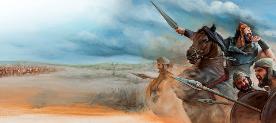 King Asa riding a horse on a battlefield with his military men by his side. They are going up against a large Ethiopian army.