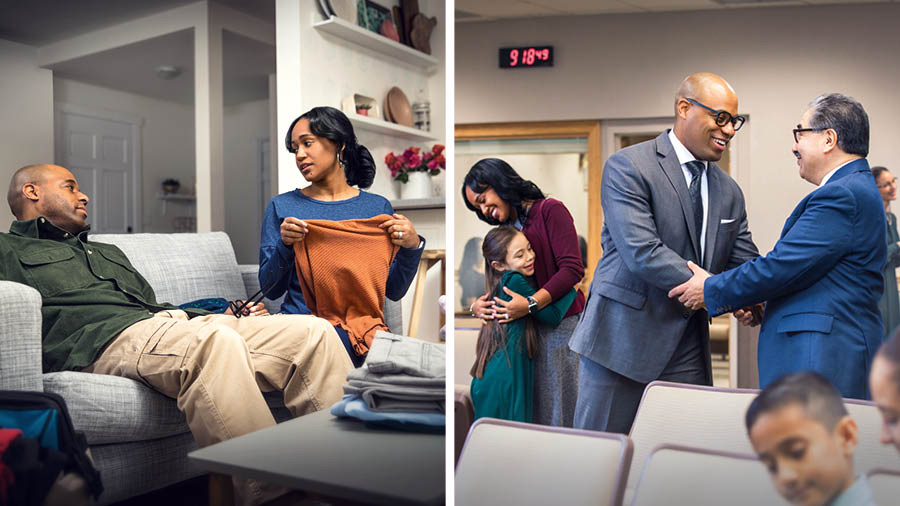 Collage: 1. A tired couple sit on a couch in their living room. The husband is in his work clothes, and his wife is folding laundry. 2. Later that evening, the same couple smile as they converse with their brothers and sisters after a congregation meeting.