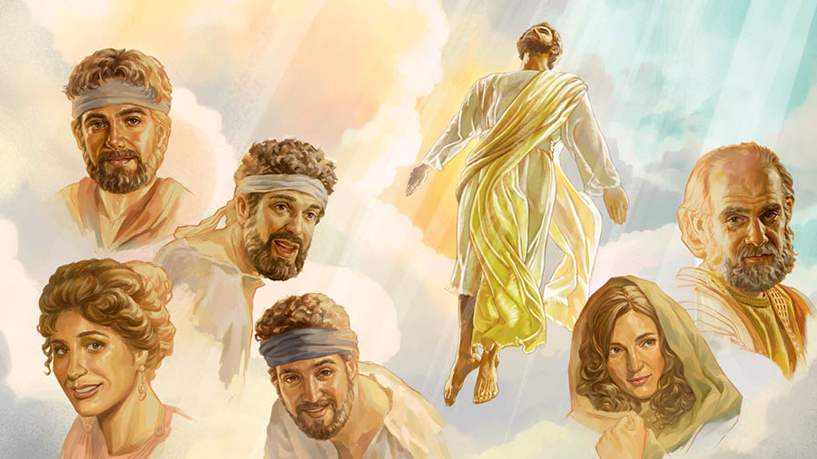 Jesus ascending to heaven. Some of the early Christians are depicted around him.