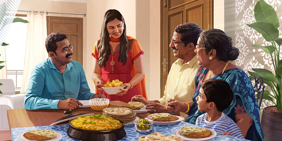 A family hosting dinner guests in their home.