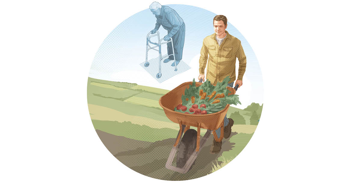 A man who was elderly is young and pushing a wheelbarrow full of vegetables.