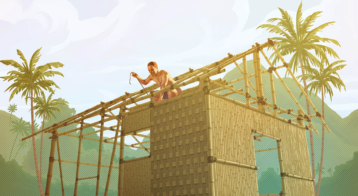 A man securing a bamboo roof to the main structure of a house that he is building in a tropical region.