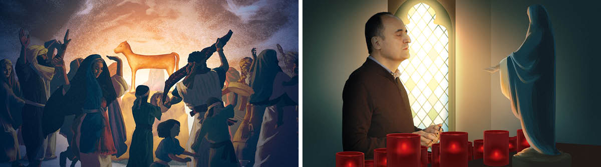 Collage: 1.&nbsp;Israelites worship a statue of a golden calf at the foot of Mount Sinai. 2.&nbsp;A man holding a rosary prays in front of a statue of the virgin Mary.