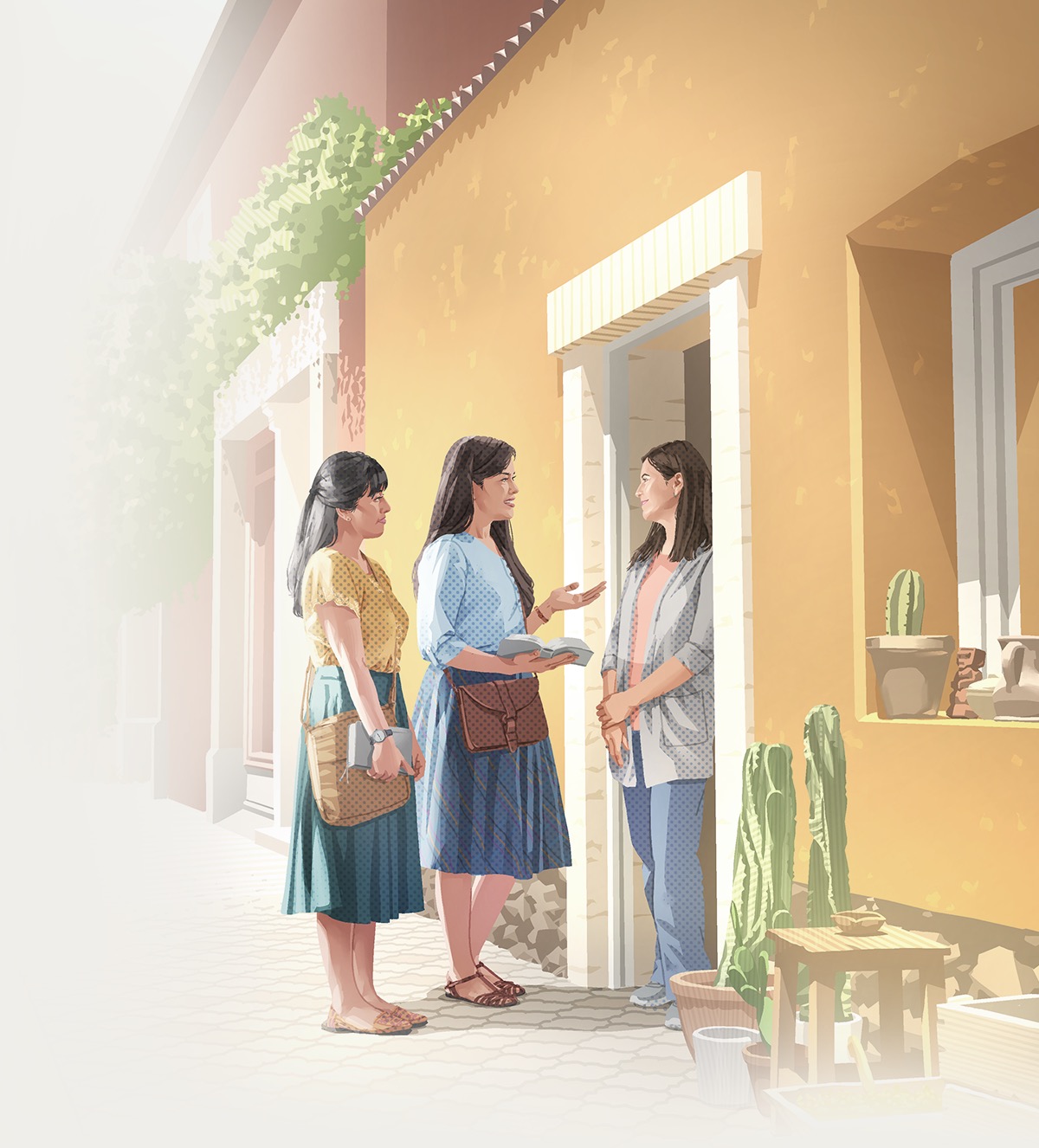 A Bible student standing next to her Bible teacher and preaching to a woman at her home.