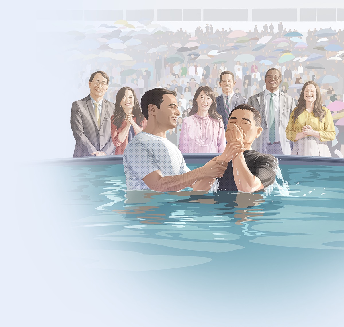 A Bible student getting baptized at an assembly of Jehovah’s Witnesses.