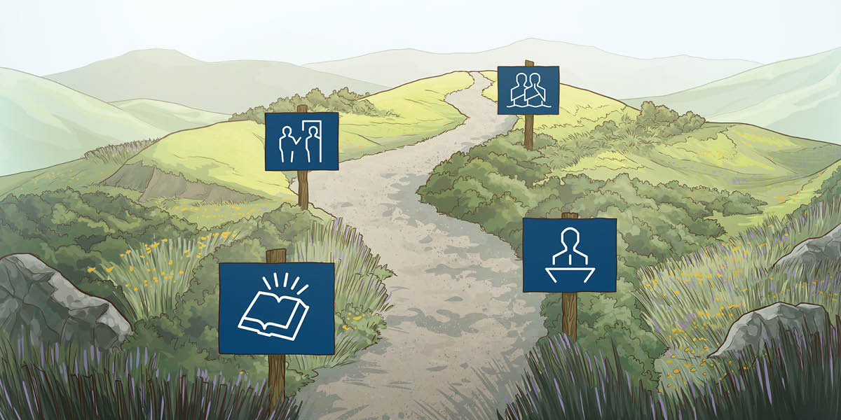 A winding path depicting the road of serving Jehovah. Signs posted along the path represent the steps of Bible study, meeting attendance, preaching, and baptism.