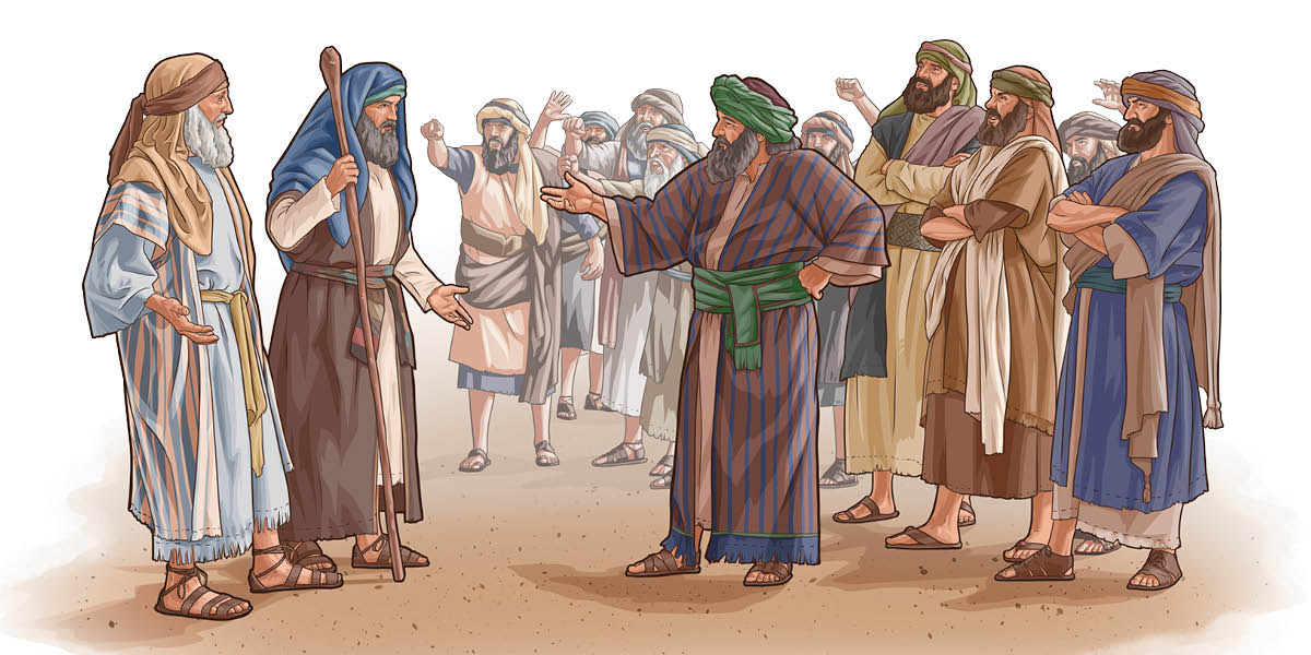 Korah and a crowd of Israelite men behind him confronting Moses and Aaron.