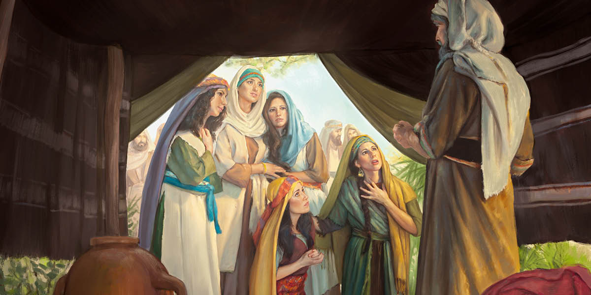 The five daughters of Zelophehad pleading their case before Moses at the entrance of the tent of meeting.