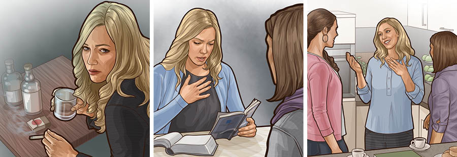 Collage: A woman choosing to serve Jehovah. 1. She drinks and smokes. 2. She is deeply touched by something she learns during her Bible study. 3. She happily converses with her friends who serve Jehovah.