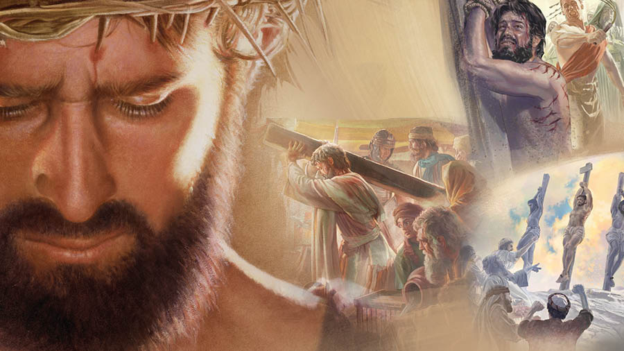 Jesus wearing a crown of thorns. Collage: 1. He is flogged with a whip while his hands are tied to a post. 2. He carries his torture stake before many onlookers. 3. He hangs on a torture stake between two criminals as onlookers insult him.