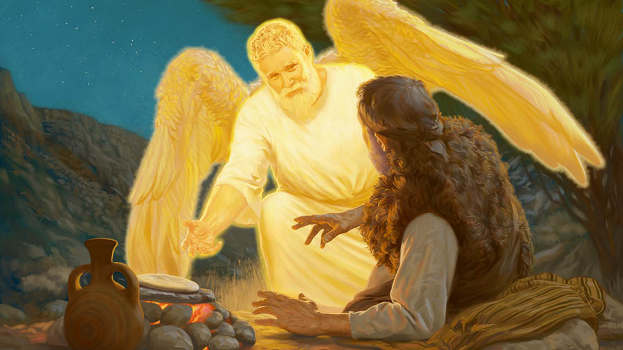 An angel awakening Elijah and encouraging him to eat. Nearby there are a round loaf on heated stones and a jug of water.