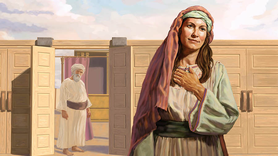 Hannah walking away from the tabernacle with a peaceful look on her face as High Priest Eli looks on.