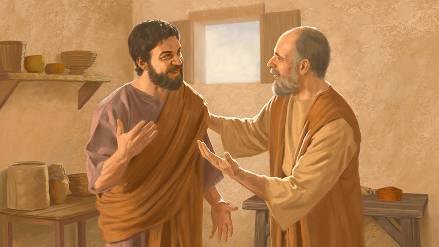 The apostle Paul and Apollos happily conversing.