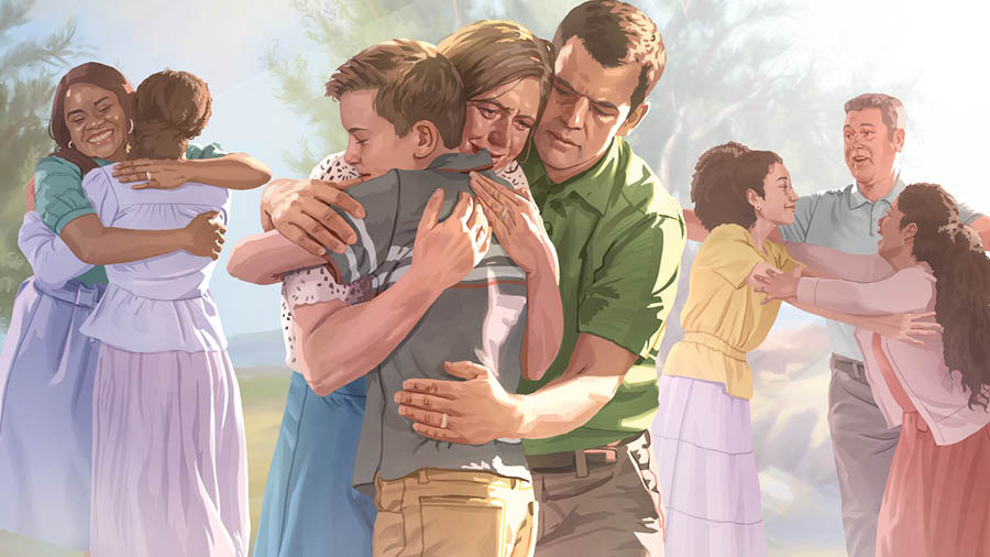 People hugging their resurrected friends and family.