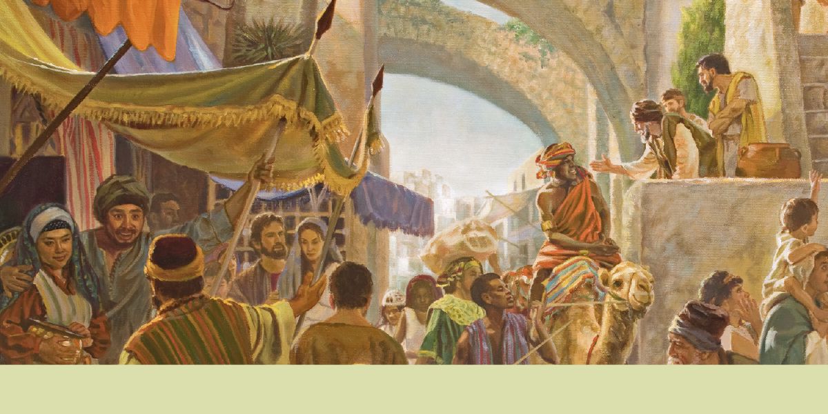 Jesus’ disciples preaching to Jews and proselytes on a busy street.