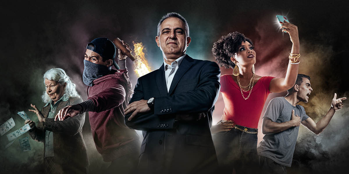 Collage: People behaving badly. 1. A greedy older woman counts a handful of money. 2. A masked protestor savagely throws a flaming bottle. 3. An arrogant businessman. 4. An egotistical young woman takes a selfie. 5. An enraged man yells.