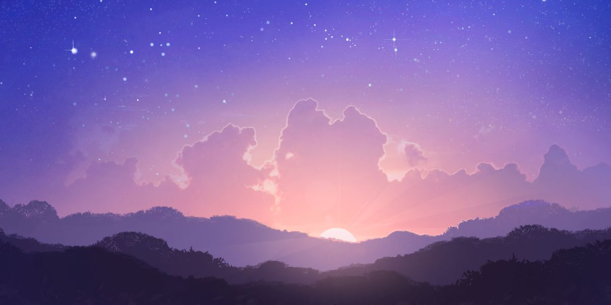 A starry sky with the sun on the horizon
