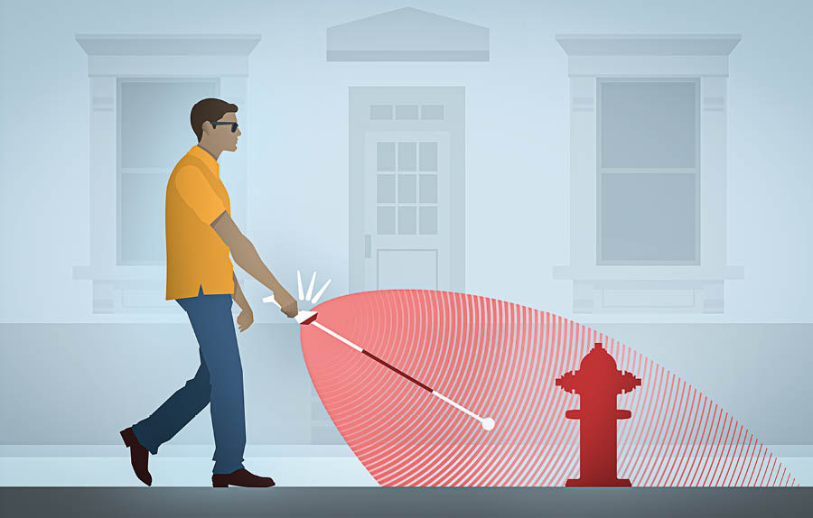 A blind man walking with an electronic cane. The cane’s echolocation signals him that a fire hydrant is in his path.