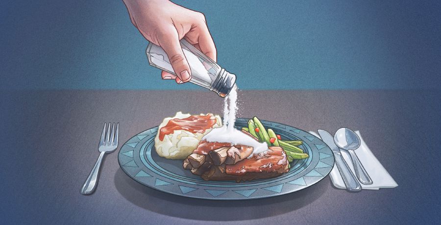 Someone pours a huge amount of salt on a plate of food